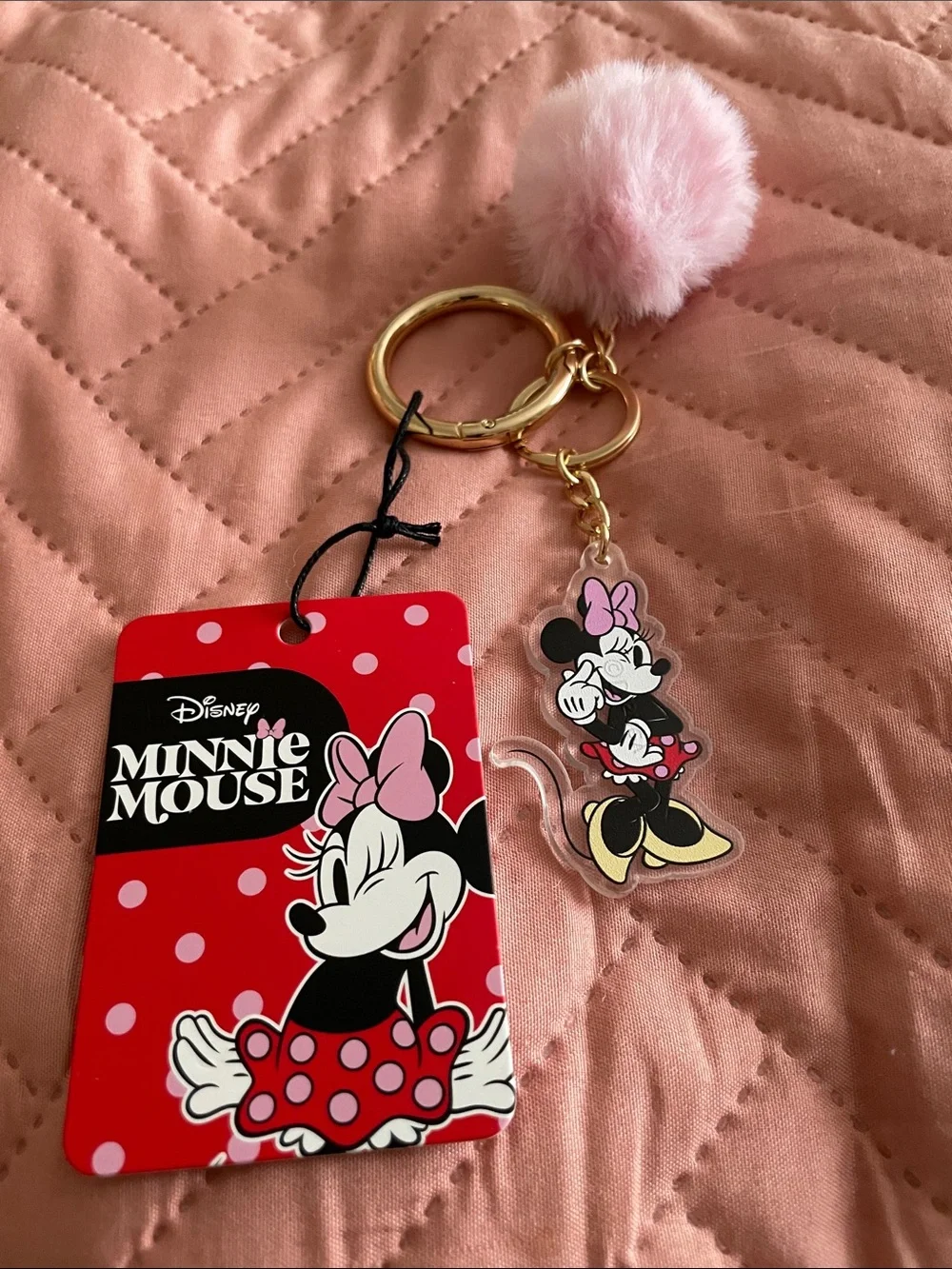 Disney Minnie Mouse Pink Pom Keychain with Red Tag and Gold Hardware